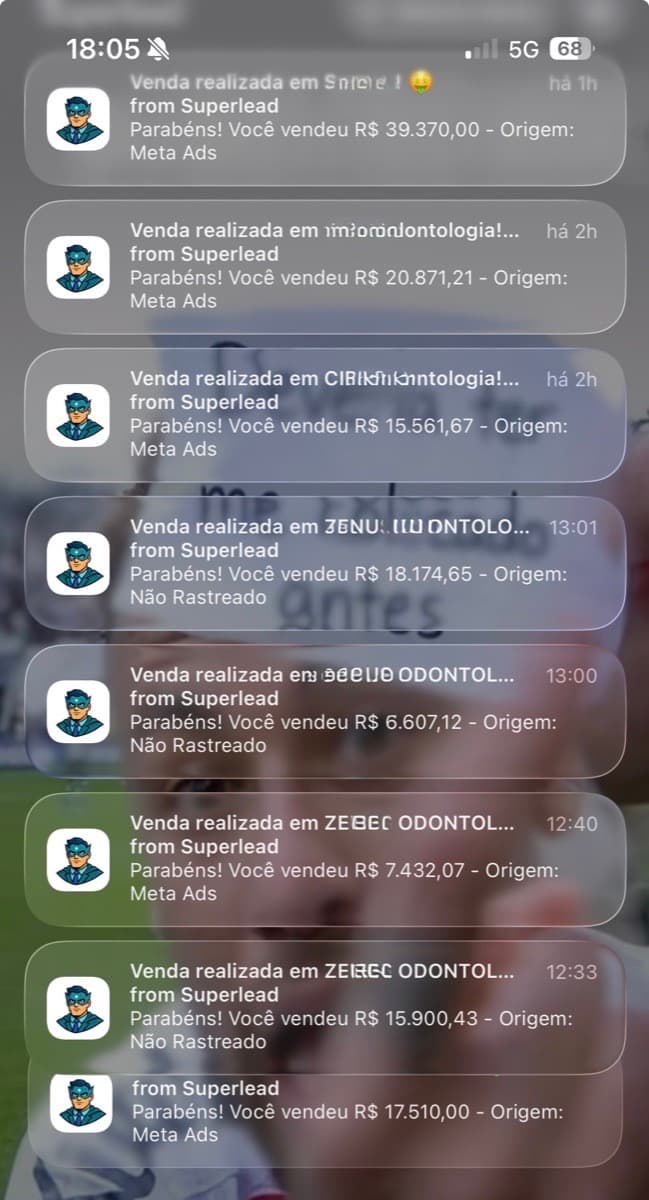 Notificações reais de vendas acompanhadas pelo Superlead